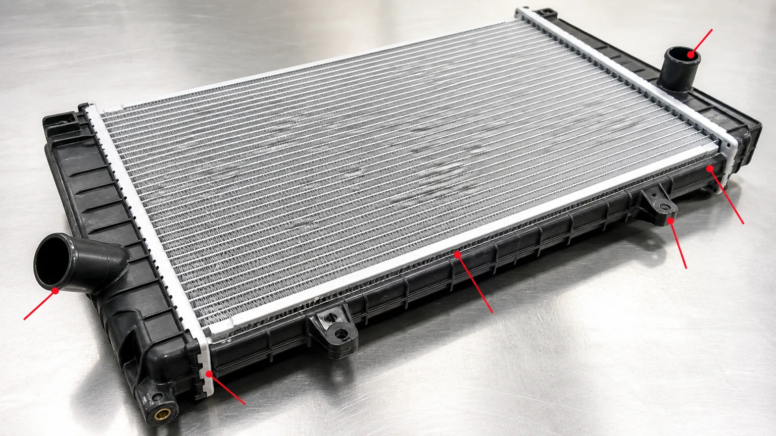 Plastic aluminium radiator with crack risk zones marked at hose neck crimp seam mount tank and header