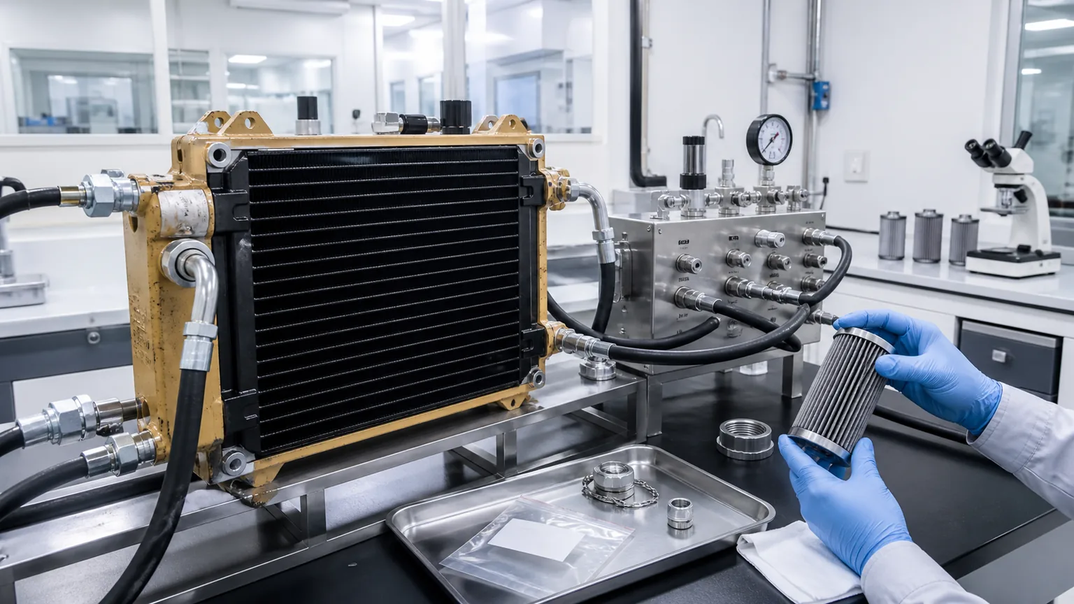 Hydraulic oil cooler cleanliness inspection leak test and pressure pulse validation bench