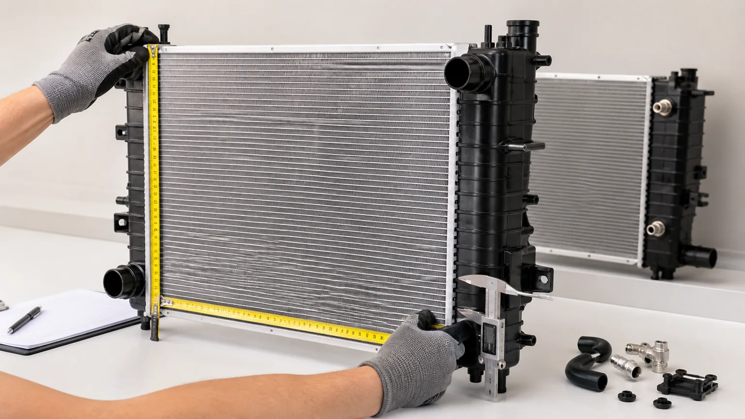 Importer measuring automotive radiator core, tank, mounting pins, hose ports, and transmission oil cooler fittings