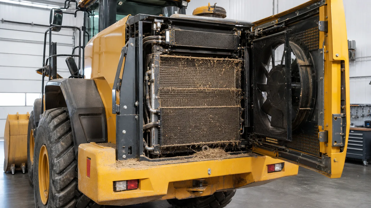Off-highway loader with reversible cooling fan and dusty multi-layer cooler stack