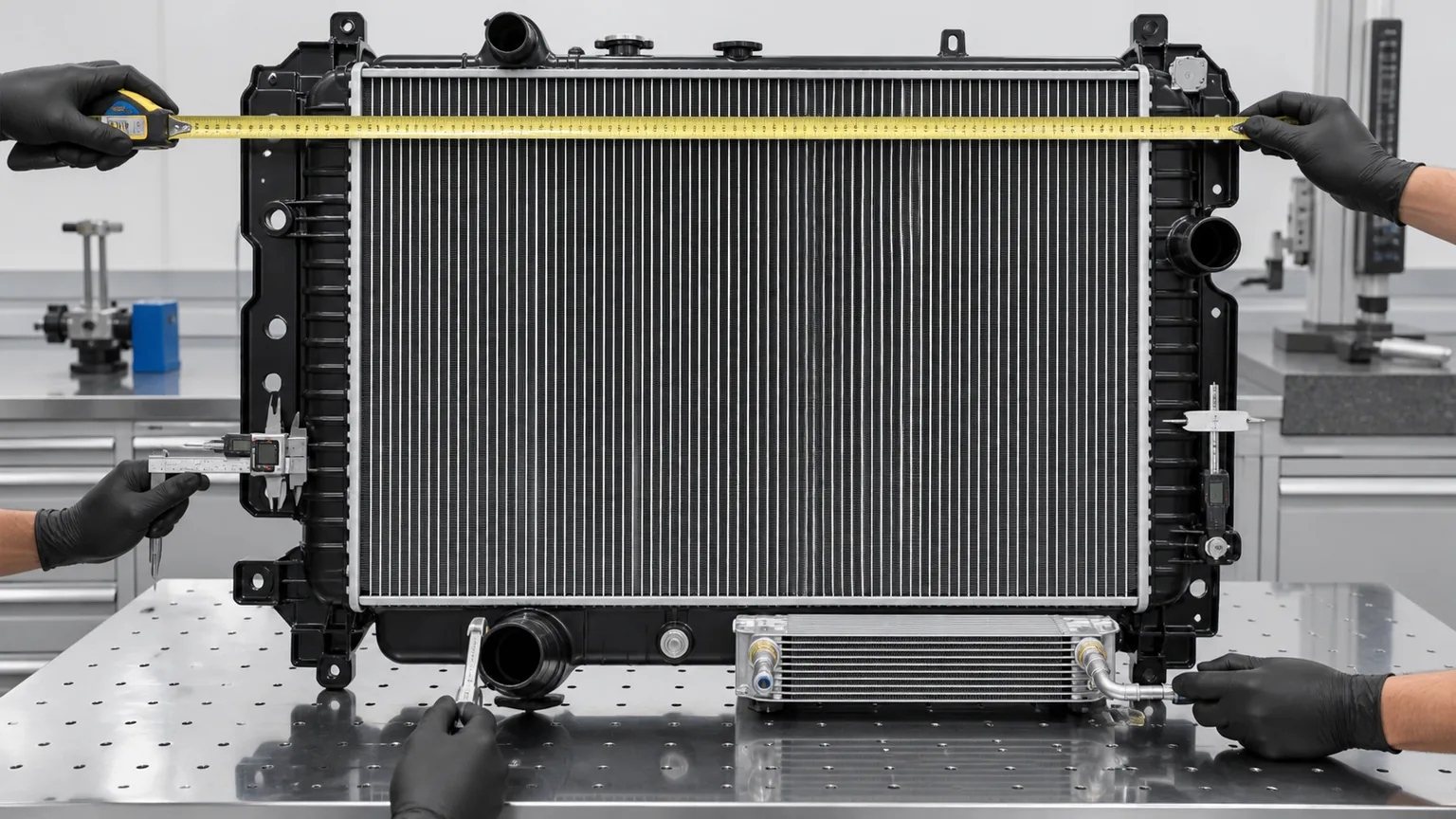 Technician measuring heavy-duty radiator core, tanks, hose ports, mounting brackets, and integrated oil cooler connections