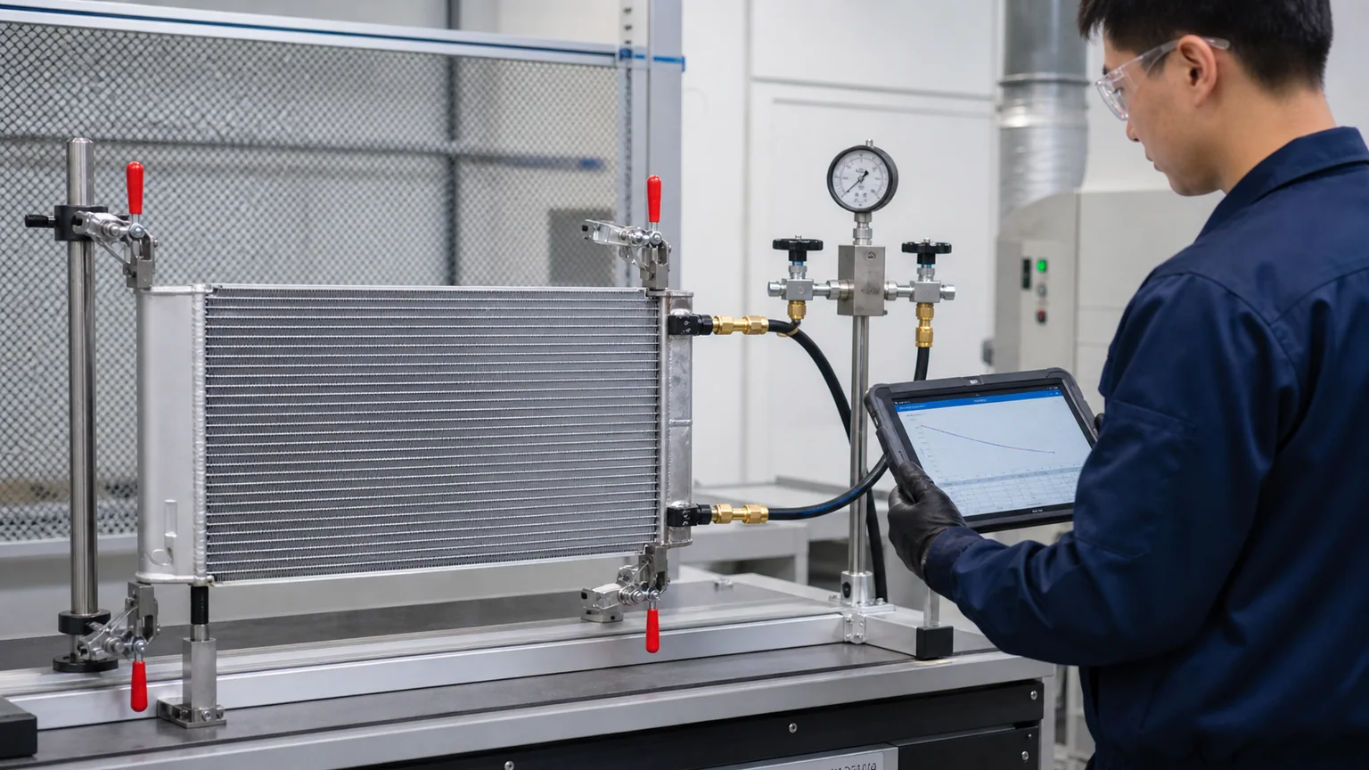 Dry nitrogen leak test for an automotive AC condenser