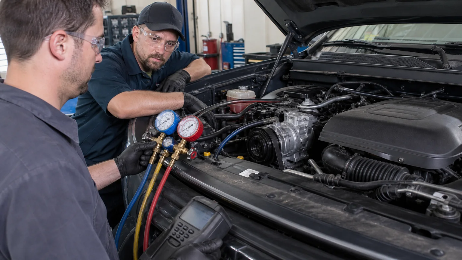 AC compressor controlled first start with pressure and speed checks