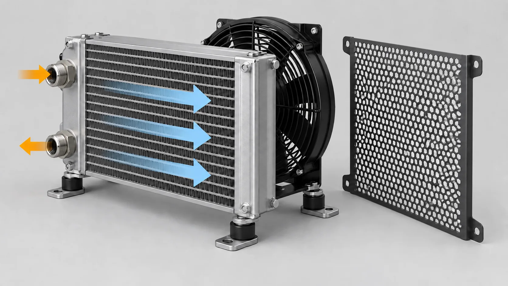 Two-port oil cooling module showing core fan protective grille vibration mounts and oil and airflow directions