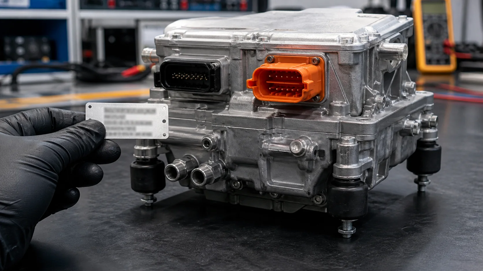 Electric HVAC module with high-voltage and control connectors plus vibration mounts