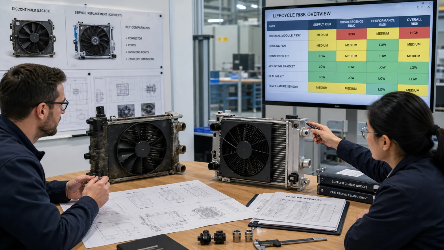 Engineers reviewing legacy and current cooling modules against a lifecycle risk matrix
