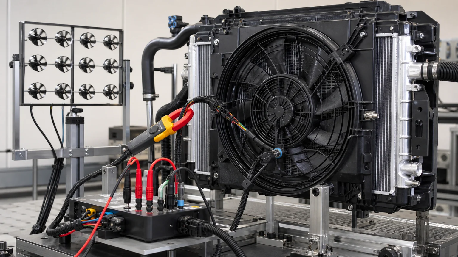 Radiator fan circuit test with current clamp, voltage probes and airflow grid