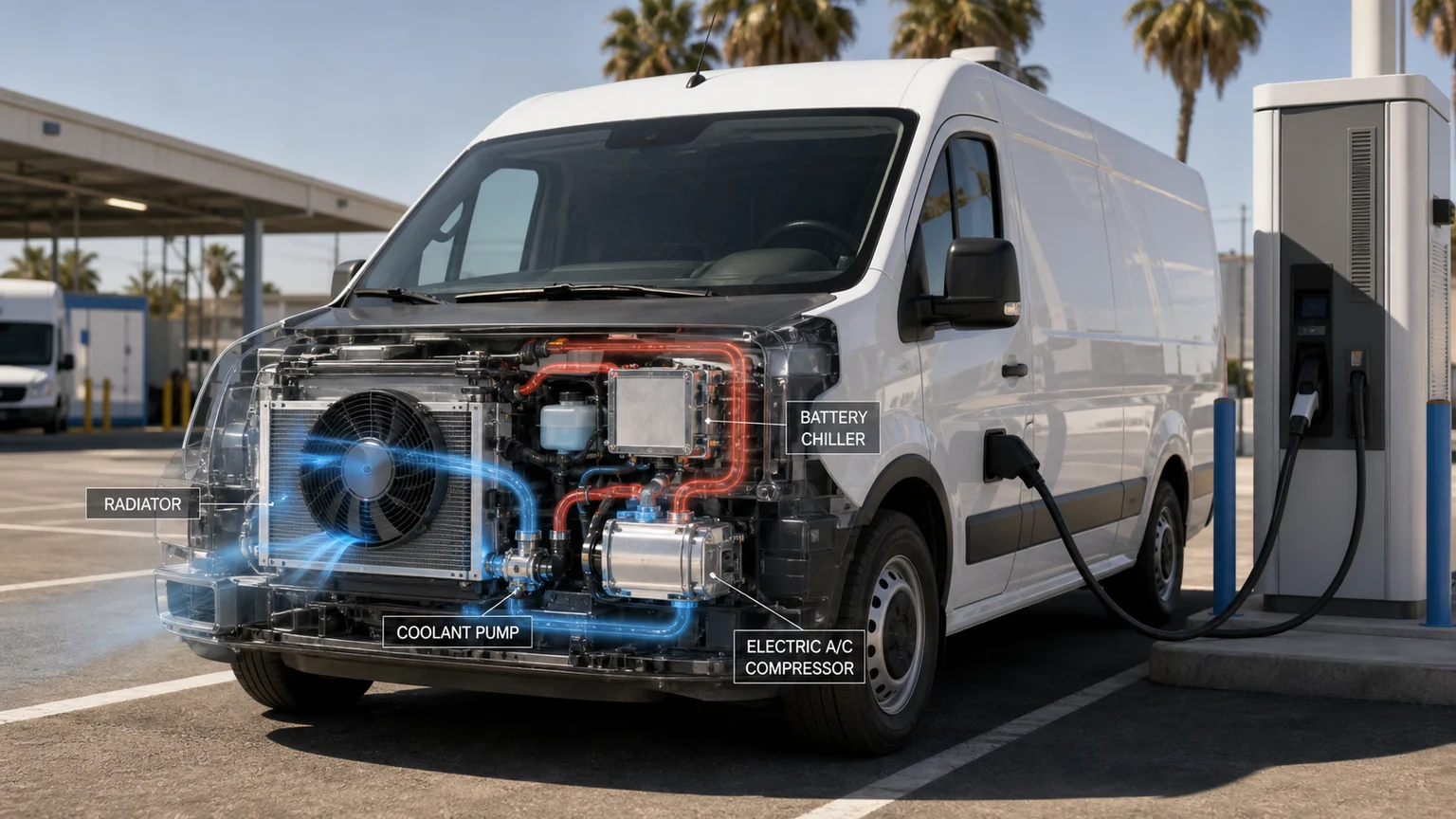 Electric vehicle fast-charging thermal system with battery chiller, pump, compressor and radiator