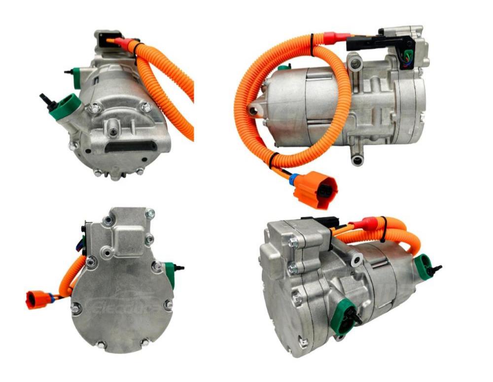 High-voltage electric A/C compressor with orange HV harness and connector (EV thermal management example)