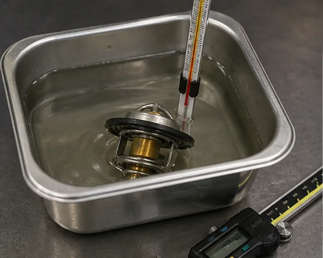 Thermostat opening temperature test setup for verifying cooling system replacement parts