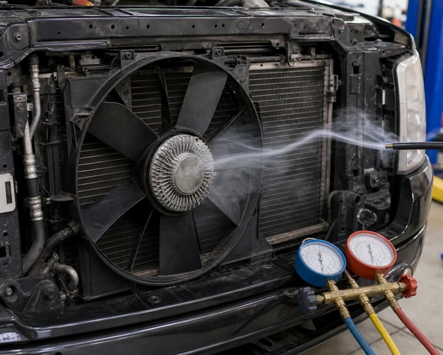 Mechanical fan clutch and condenser airflow check with A/C manifold gauges