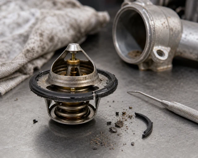 Thermostat stuck partially open with debris and damaged seal on a repair bench