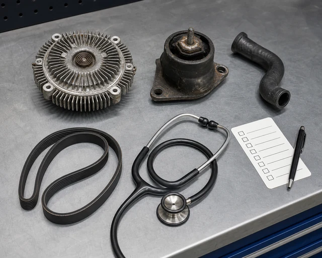 Fan clutch, engine mount, belt, vacuum hose, and stethoscope arranged for rough idle diagnosis