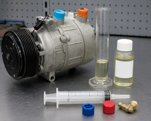 Compressore AC con cilindro graduato, siringa per bottiglia dell'olio e tappi di servizio per la conferma della quantit&agrave; di olio