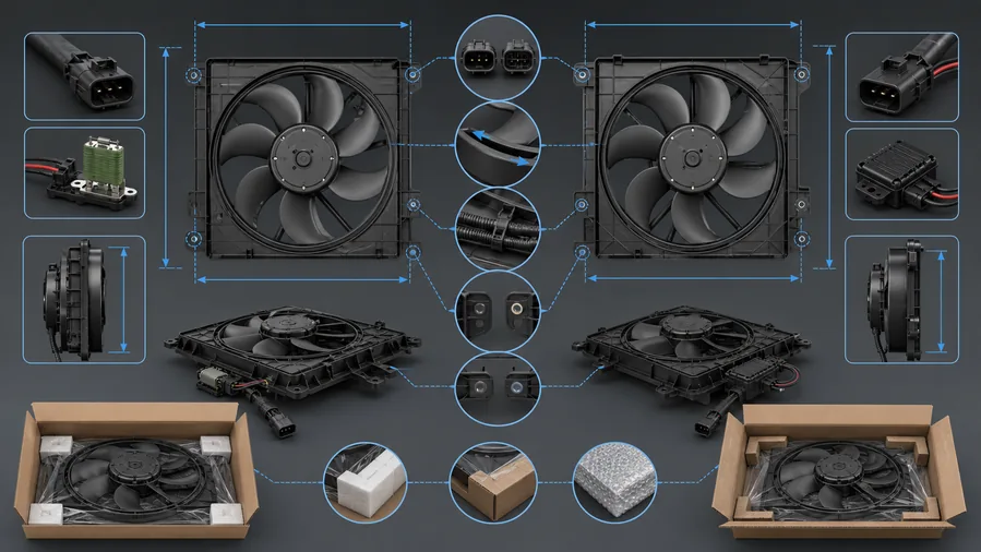 Condenser fan replacement matching points including shroud dimensions blade direction connector module mounts and current rating