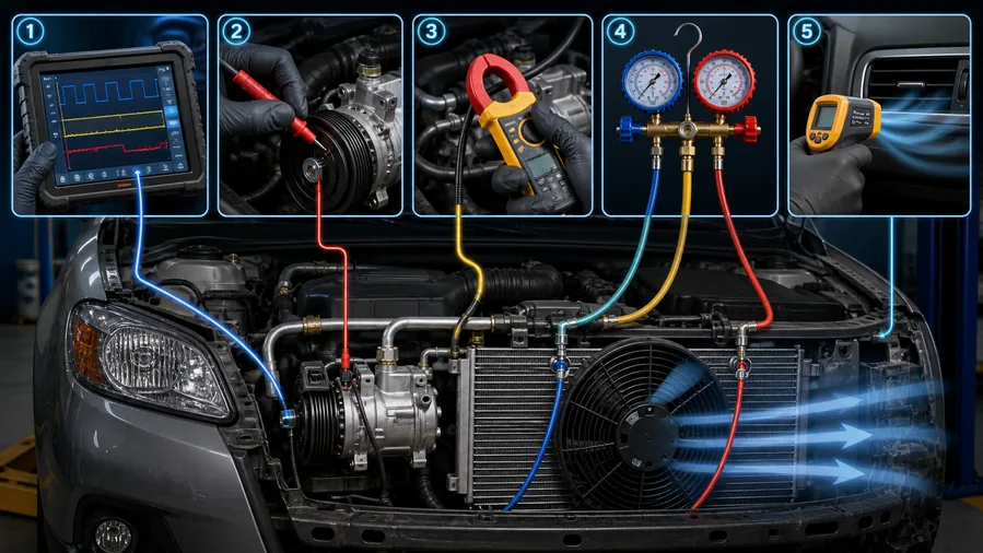 Kr&aacute;tk&eacute; cyklick&eacute; tlakov&eacute; křivky automobilov&eacute;ho stř&iacute;dav&eacute;ho proudu porovn&aacute;vaj&iacute;c&iacute; n&iacute;zk&yacute; průtok chladiva, špatn&yacute; průtok vzduchu kondenz&aacute;torem a norm&aacute;ln&iacute; vyp&iacute;n&aacute;n&iacute; v&yacute;parn&iacute;ku