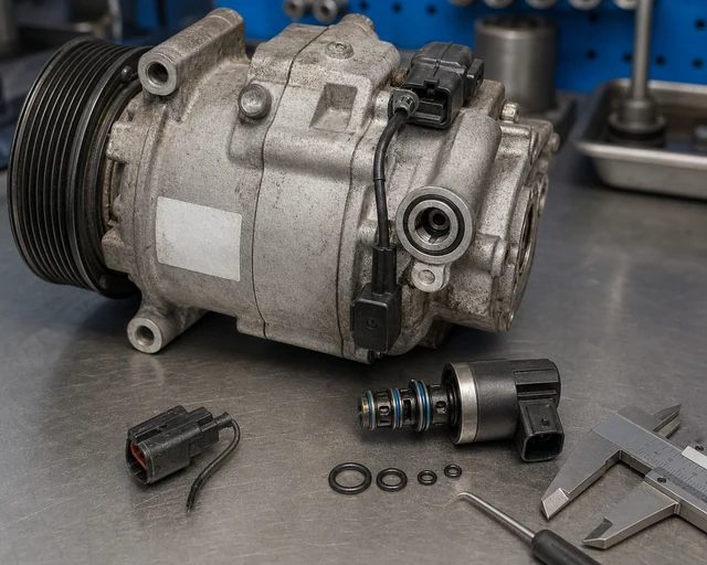 Variable displacement AC compressor with electronic control valve removed, O-rings, connector, and caliper inspection