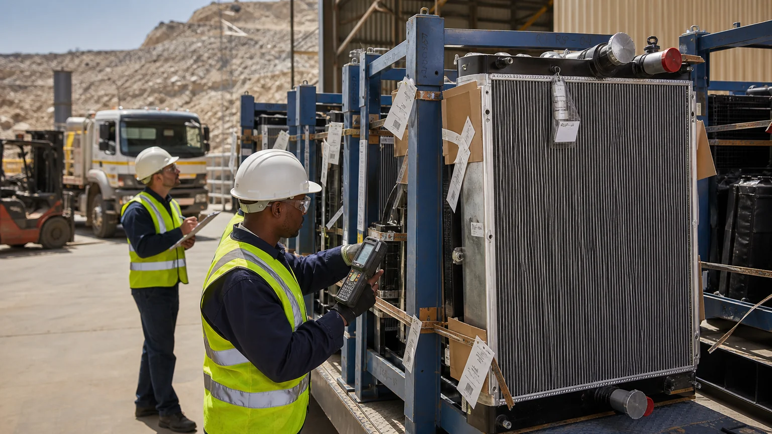 Heavy-duty mining radiator identification bay with serial plate, ports, cooling-stack measurements and mounting checks