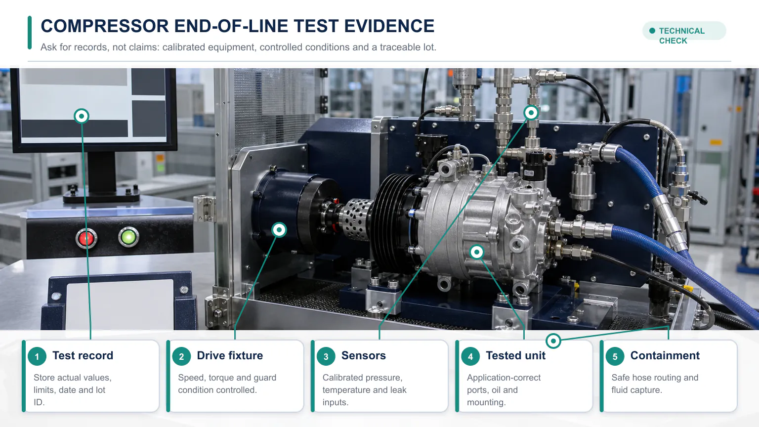 Automotive AC compressor end-of-line test station with test record, drive fixture, calibrated sensors and fluid containment