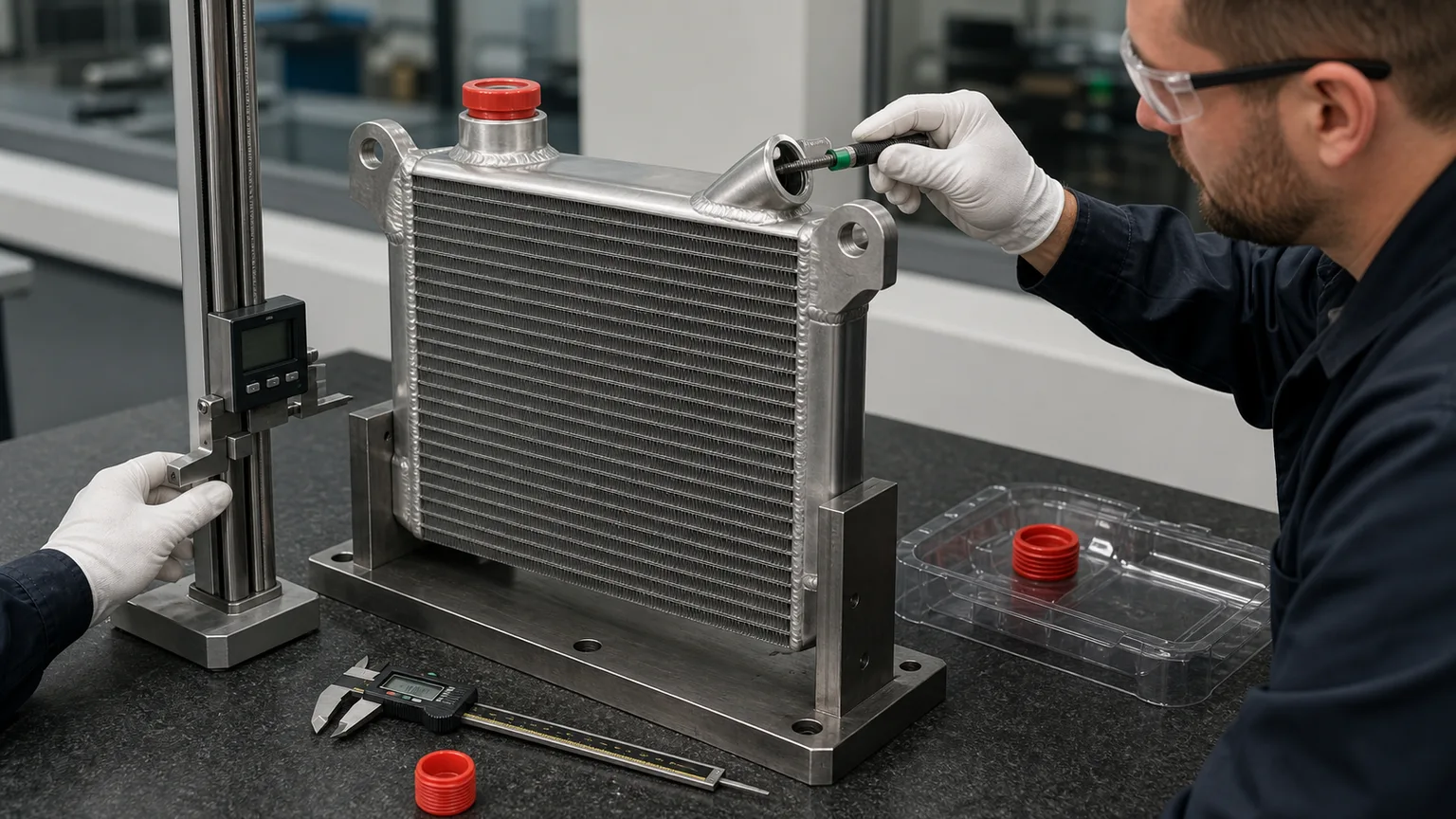 Hydraulic oil cooler undergoing receiving inspection with capped ports, thread gauges, mounting fixture and dimensional tools