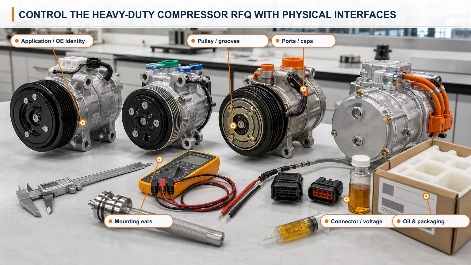 Heavy-duty AC compressor RFQ evidence pack with application, physical interface, operating specification, quality and commercial data