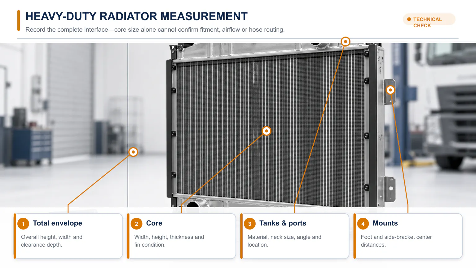 Heavy-duty radiator measurement diagram showing core, tanks and ports, mounting brackets and total envelope