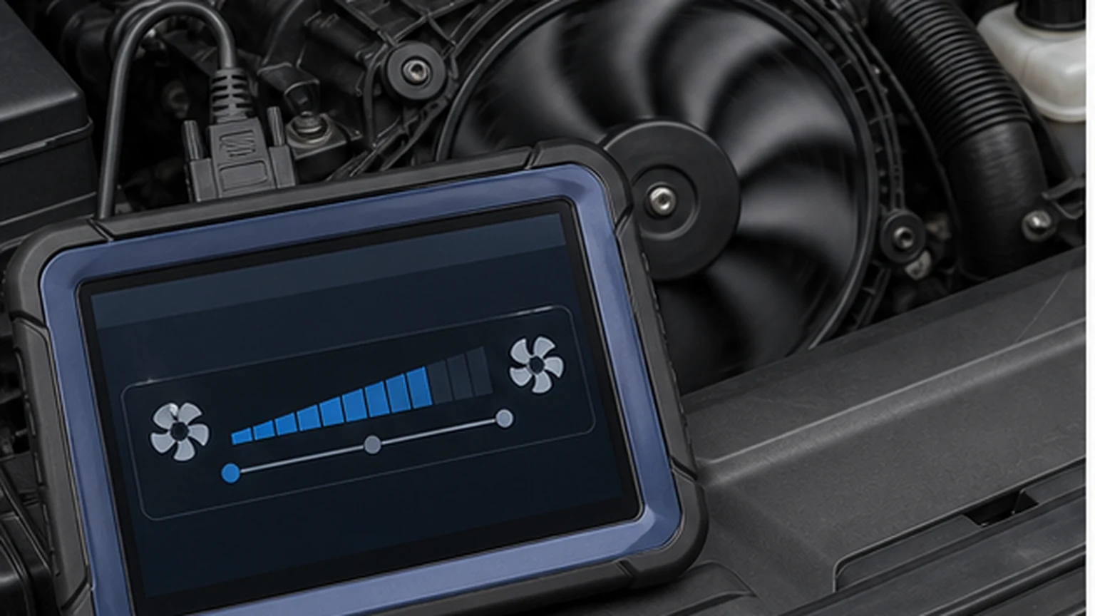 Alat pemindai diagnostik yang mengatur kecepatan kipas radiator saat modul kipas terintegrasi beroperasi