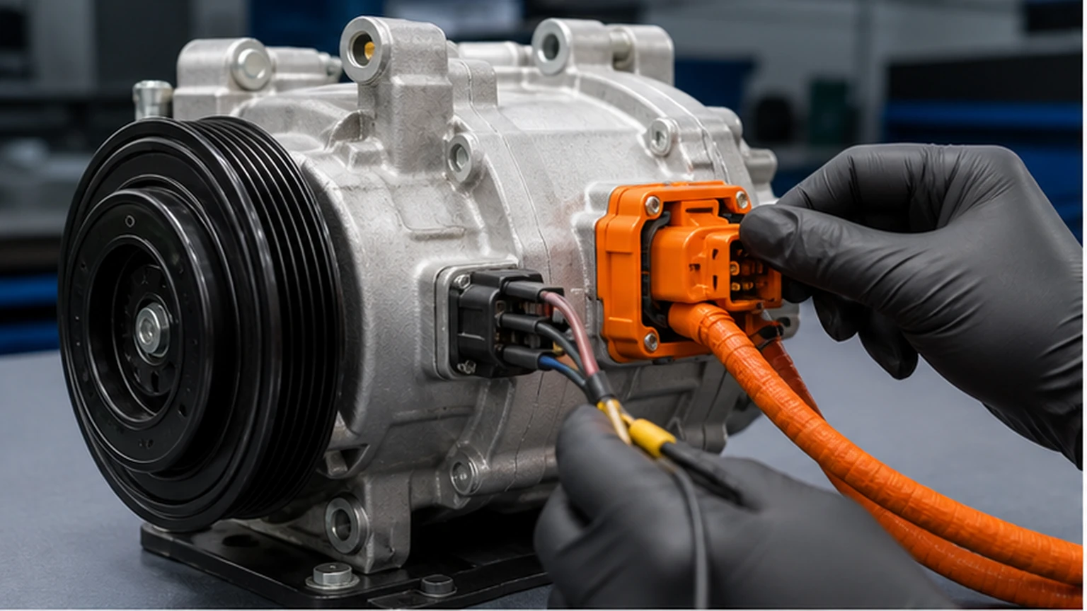 Electric automotive AC compressor high-voltage connector and HV interlock loop checked with approved breakout leads after lockout
