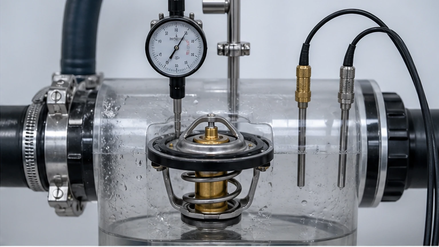 Engine thermostat opening stroke measured with a dial indicator inside a controlled transparent test chamber