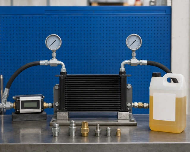 Oil cooler pressure drop bench test with inlet and outlet gauges and flow equipment