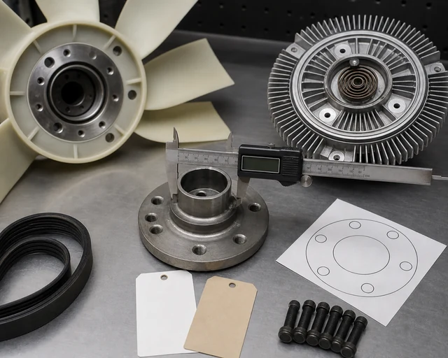 Fan clutch fitment check with pilot diameter, bolt pattern, fan hub, and caliper