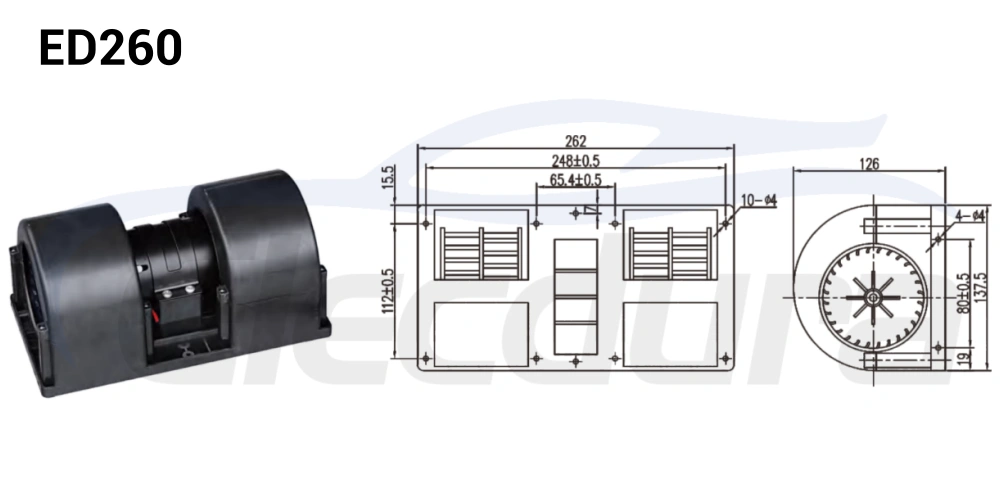 13.5/27V 140W HVAC blower motor assembly, 500m&sup3;/h airflow
