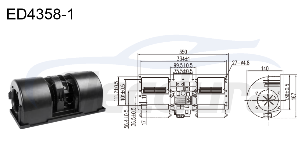 48V 170W PWM brushless blower motor, 850m&sup3;/h airflow