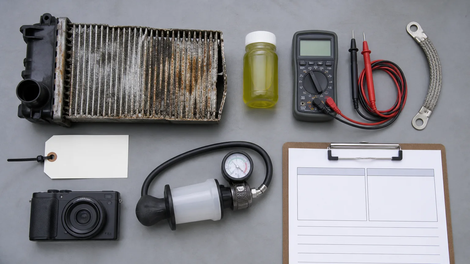 Radiator electrolysis warranty record with corrosion photos coolant sample meter setup readings ground repair and lot label