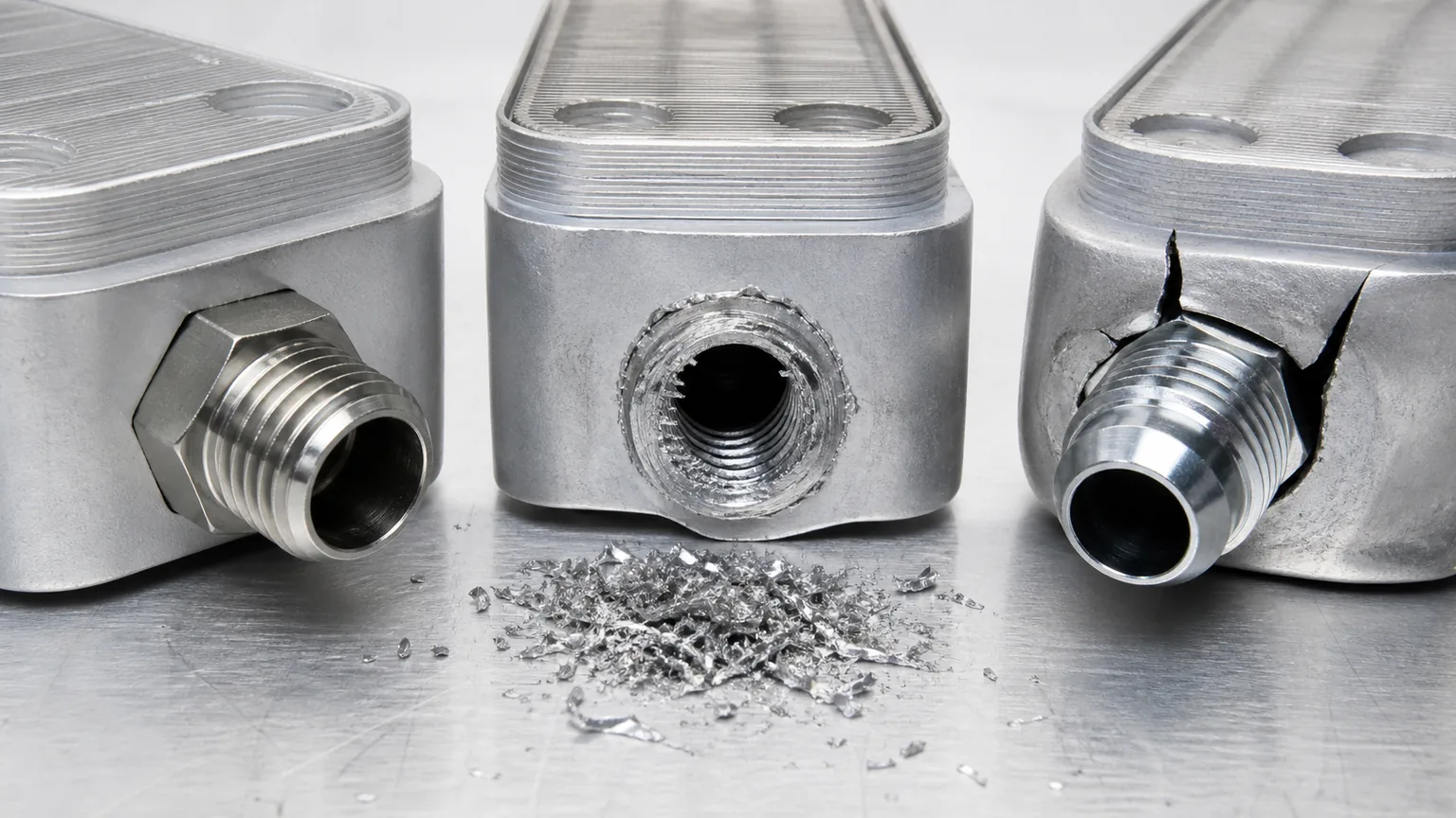 Correct hydraulic adapter engagement compared with cross threaded and wrong taper oil cooler ports