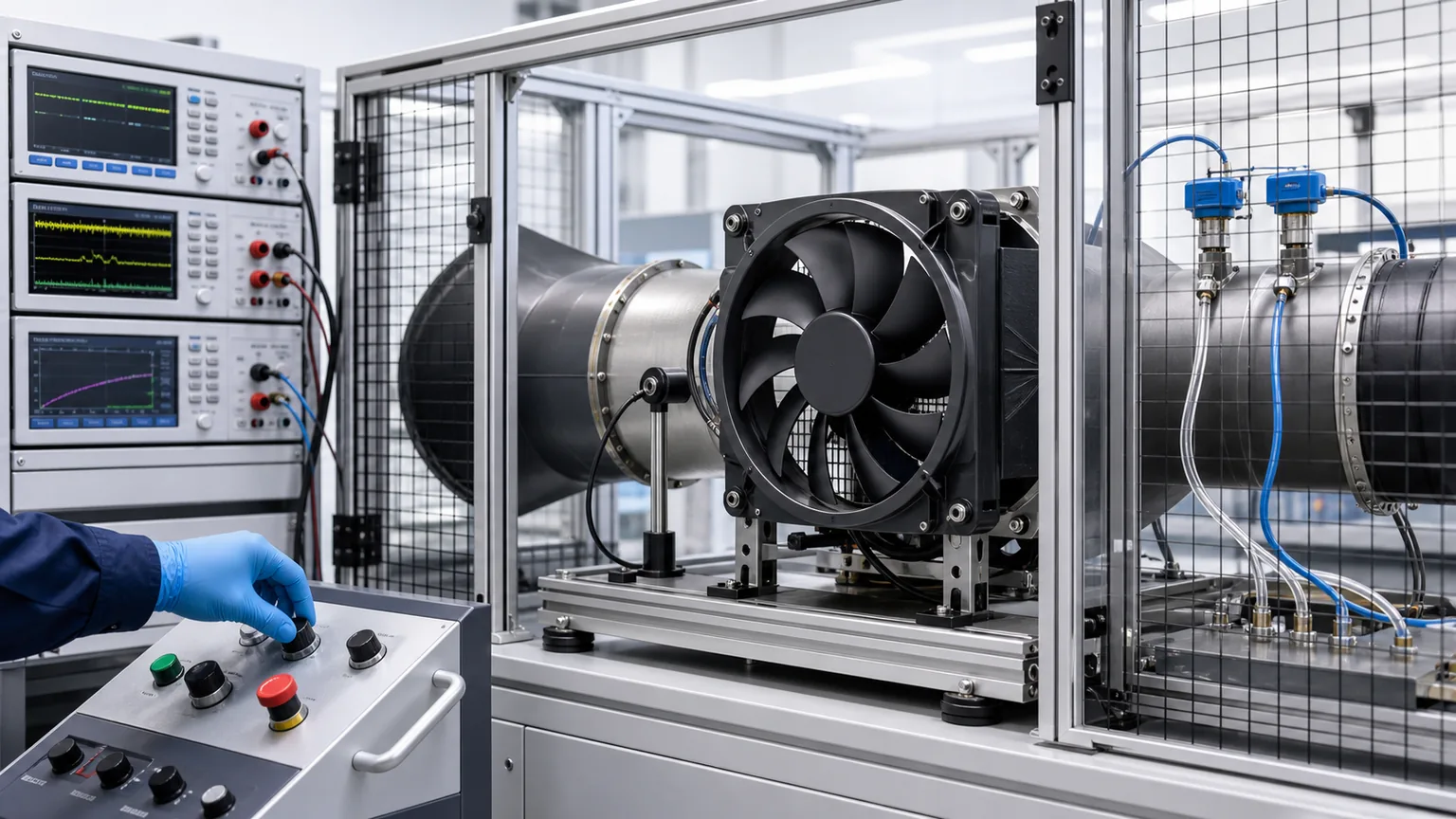Guarded test bench measuring brushless cooling fan voltage, current, speed, vibration, and airflow