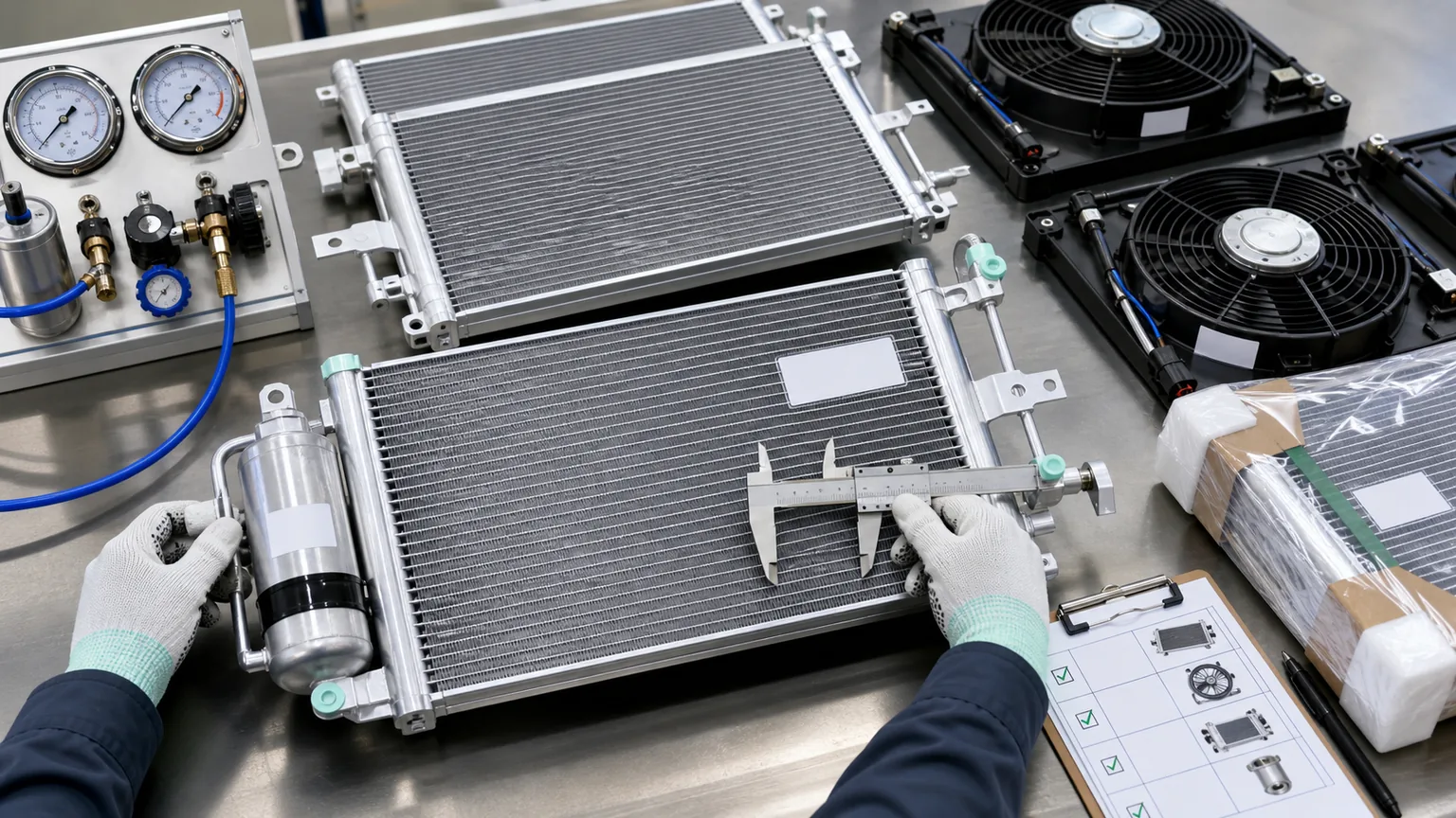 Automotive condenser and fan bulk incoming inspection with serial labels, dimensional gauges, leak test, and sample records