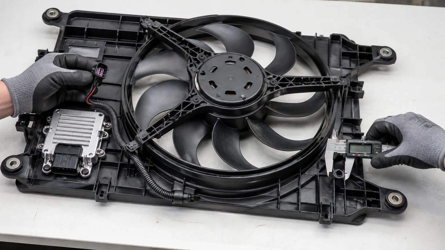Close-up of Romanian-market radiator fan connectors, control modules, labels, blade rotation, and shroud fitment checks