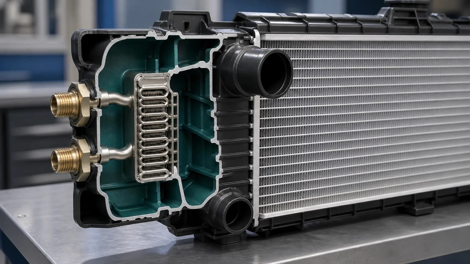 Radiator tank cutaway with separate transmission oil cooler circuit