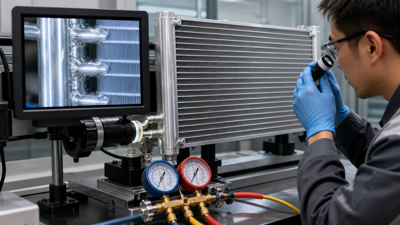 Brazed condenser joint and leak test quality inspection