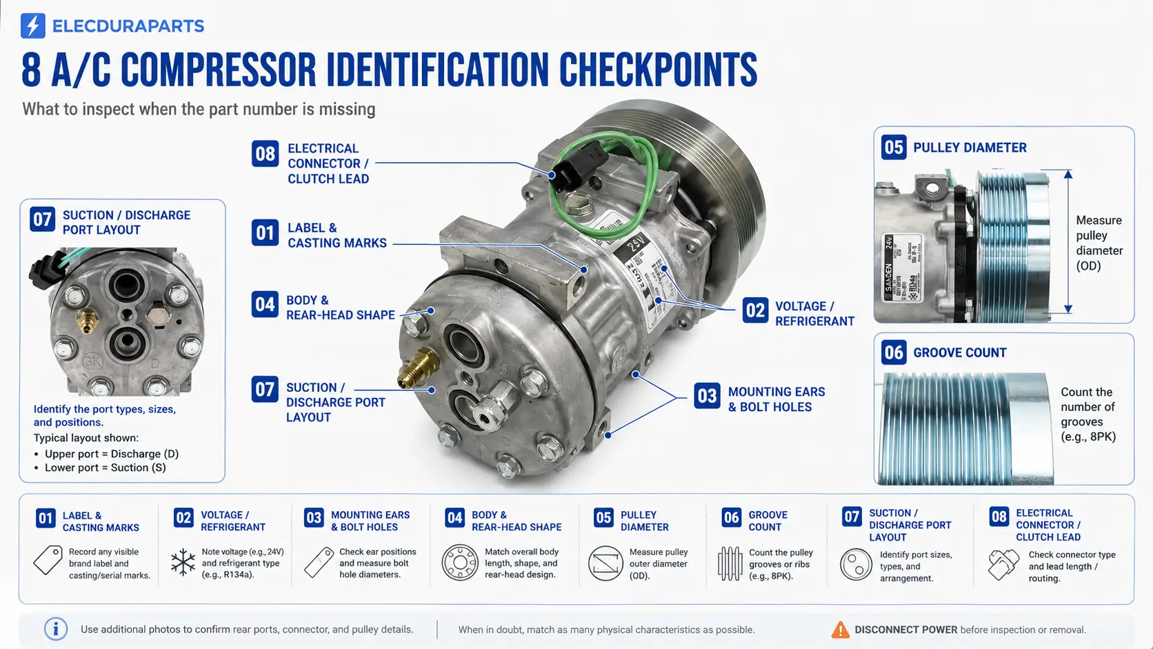 AC compressor identification example showing 24V R134a pulley diameter and groove count details