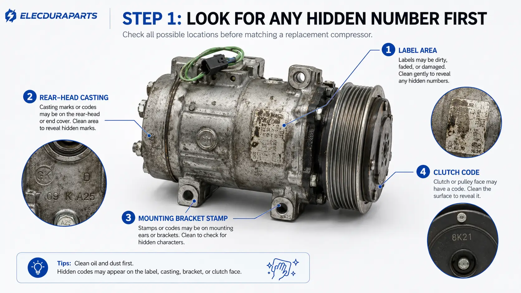 Common locations to find hidden AC compressor numbers on the body label, rear-head casting, mounting bracket and clutch face.
