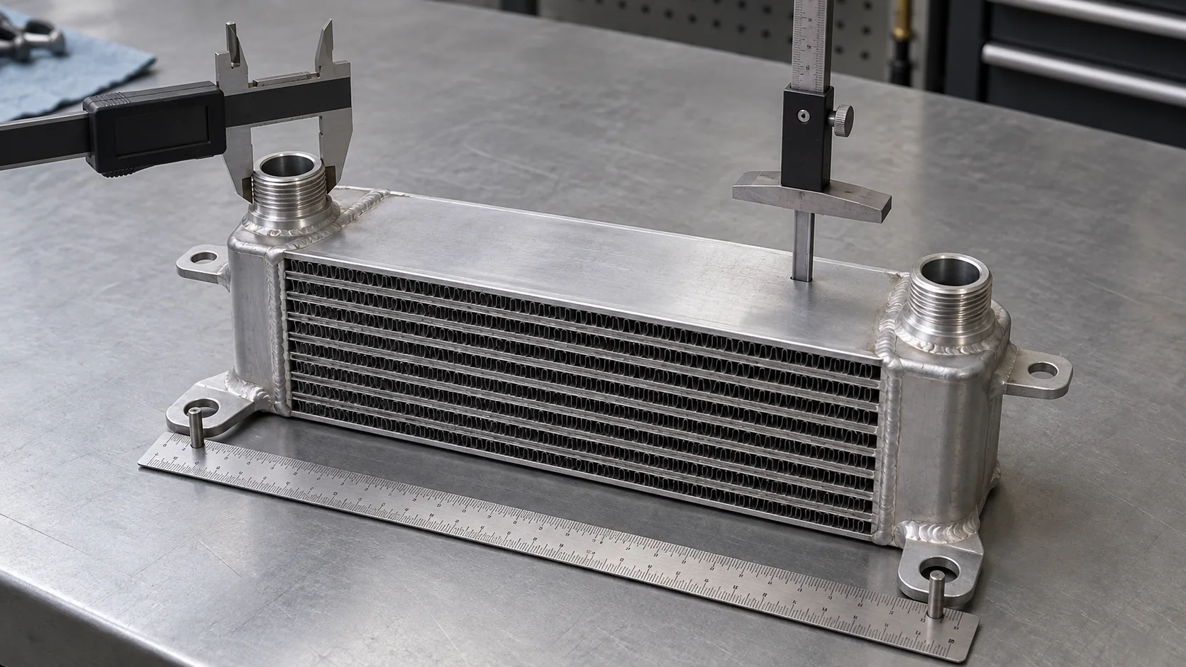 Two-port generator oil cooler inspected with a caliper ruler and depth gauge on a metrology bench