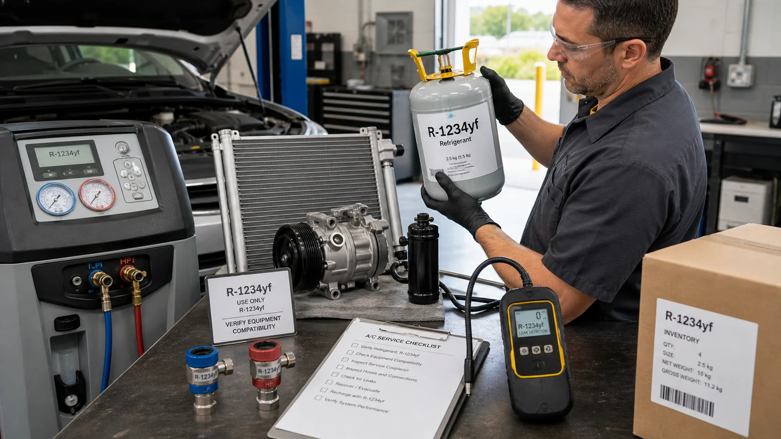 Dedicated R-1234yf recovery equipment couplers leak detector cylinder and AC components