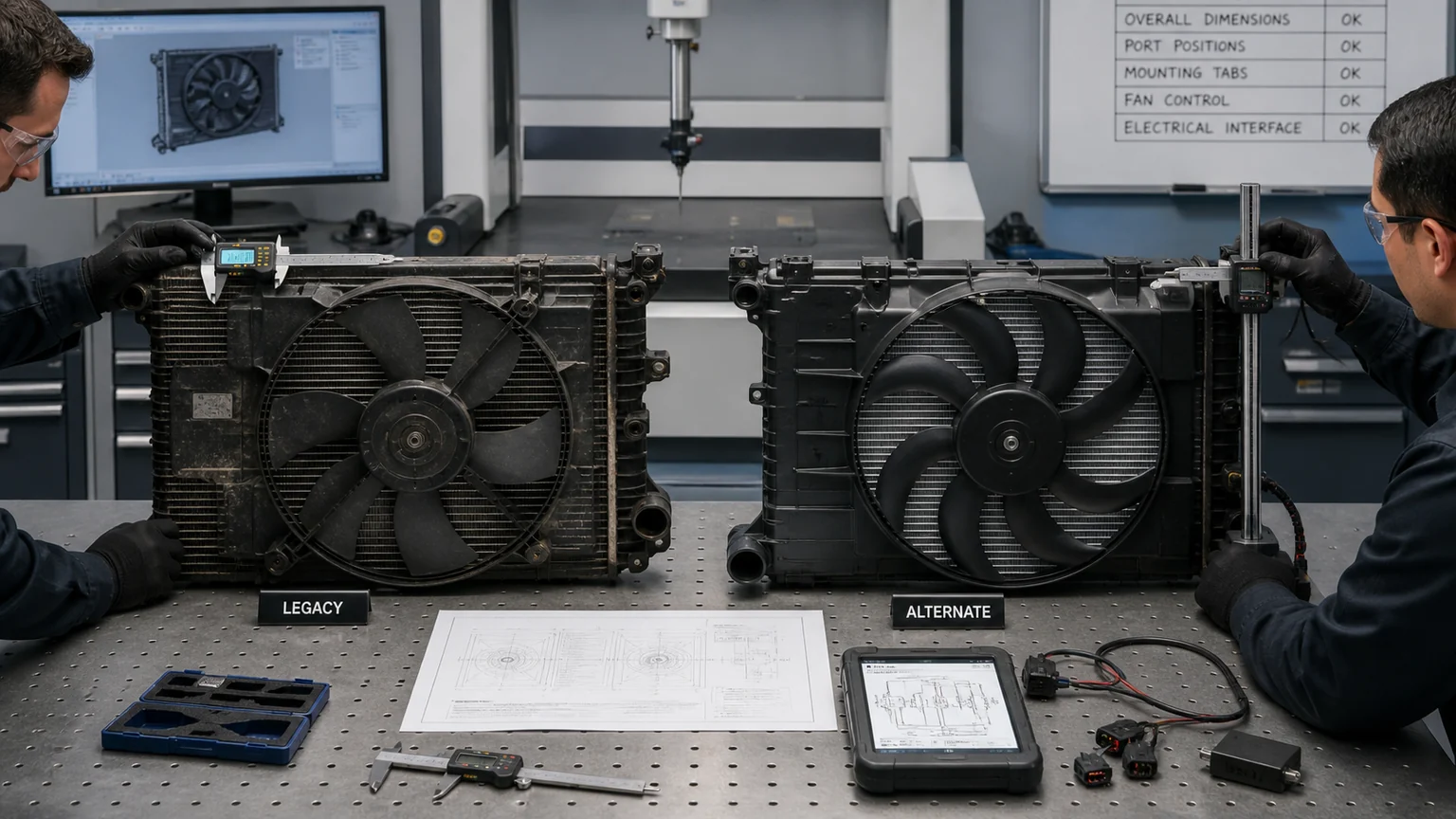 Legacy and alternate radiator fan modules undergoing dimensional and electrical interface checks
