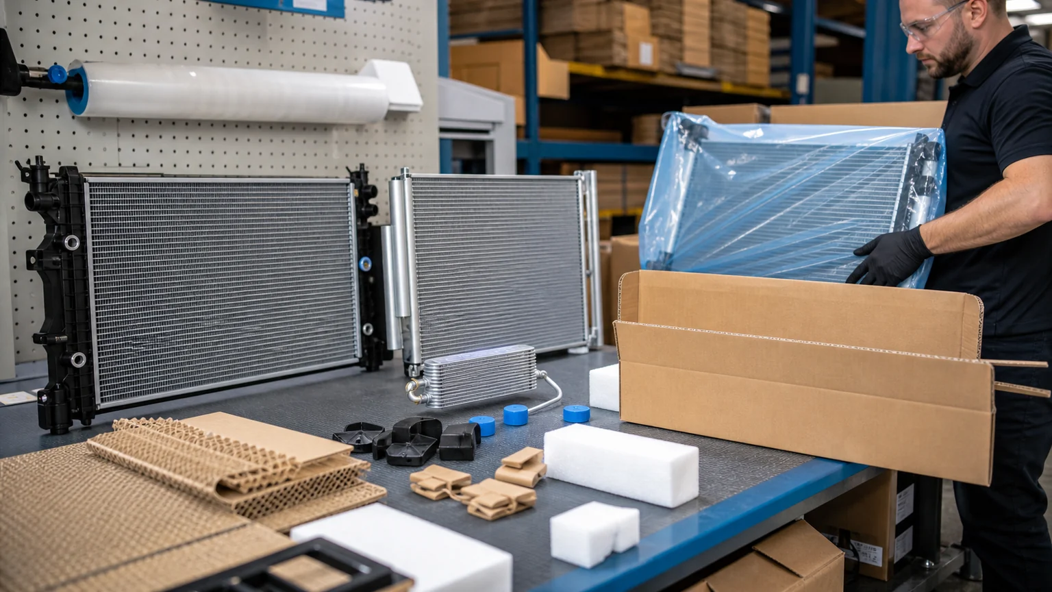 Packaging bench for radiator condenser and oil cooler with fin guards port caps and corner blocks