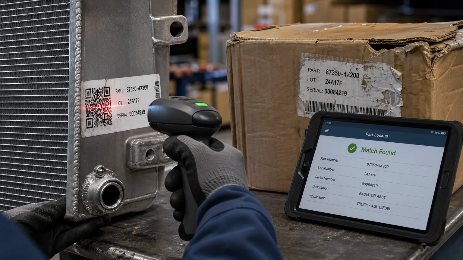 Scanning a damaged radiator QR label with human-readable part lot and serial fallback