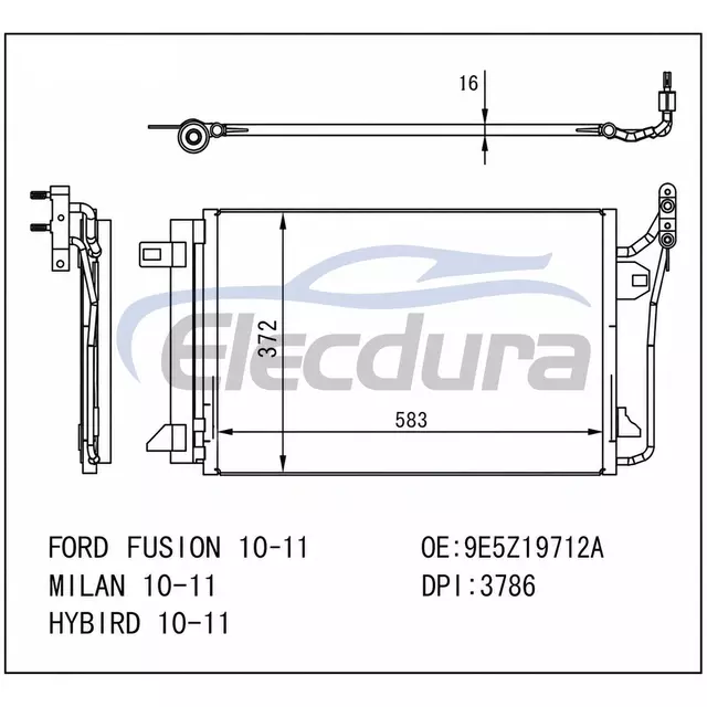 9E5Z19712A Ford Fusion 2010-2011 A/C Condenser 16mm Core
