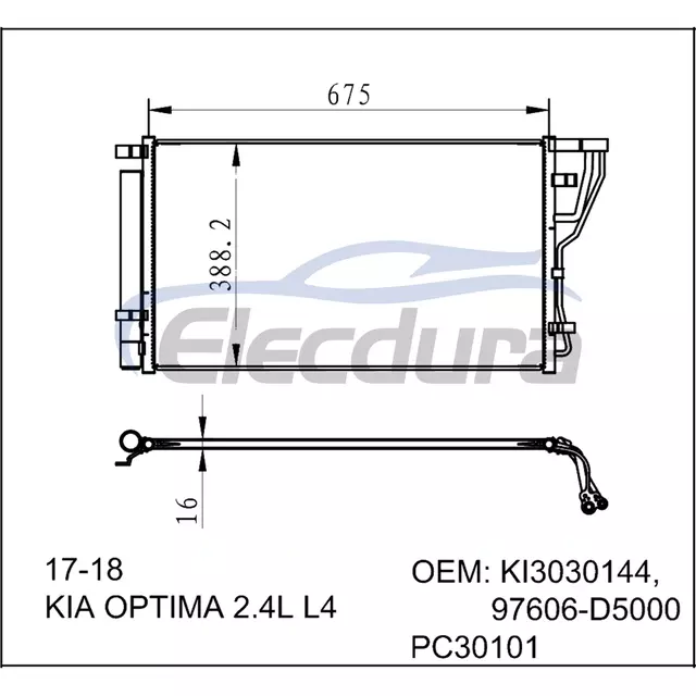 97606-D5000 Kia Optima L4 2017-2018 2,4L / L4 A/C kondensator 16mm kerne