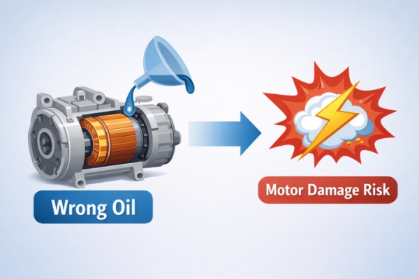 Wrong insulating oil in an electric A/C compressor can lead to motor damage risk